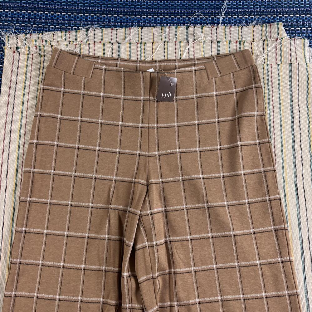 NEW J. Jill Pants Womens Large Brown Plaid Ponte Wide Full-Leg Cropped Pull On